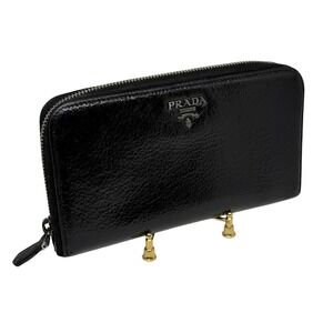 Prada Black Shiny Leather Zip Around Long Wallet EUC